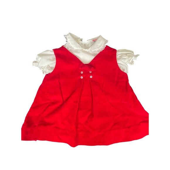Vintage Red Velvet Baby Girl Dress With White Lace Collar & Sleeves 2 Piece Set - Picture 2 of 4